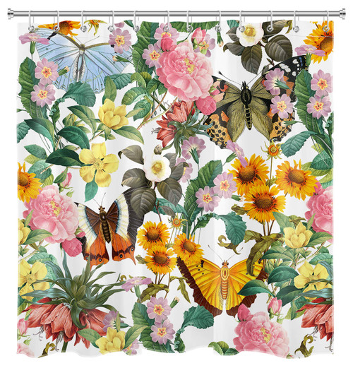 LB Spring Flower Shower Curtain Botanical Pink Yellow Floral Plant Green Leaves Sunflower Rose Peony Butterfly Shower Curtains for Bathroom Decor Set with Hooks 72x78 inch Extra Long Waterproof Fabric