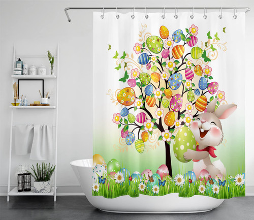 LB Easter Shower Curtain for Bathroom, Easter Eggs Tree with Floral Funny Rabbit Bunny Shower Curtains, Colorful Eggs in Spring Green Grass Butterfly Bathroom Curtains Set with Hooks, 60X72 Inches