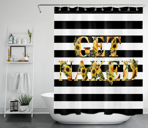 LB Black and White Striped Rustic Sunflower Shower Curtain, Farmhouse Yellow Floral Funny Quotes Get Naked Shower Curtains 60X72 inch Polyester Fabric Bathroom Decoration Bath Curtains Hooks Included