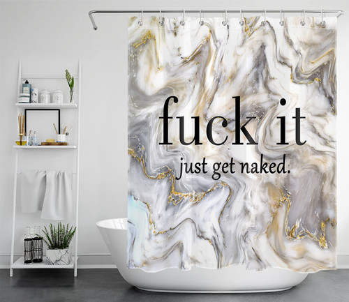 LB Fuck It Get Naked Shower Curtain, Black Font Funny Quotes Get Naked Abstract Grey Mable Shower Curtains, Grey White Gold Marble Texture Modern Bathroom Curtains Set with Hooks, 60X72 Inches