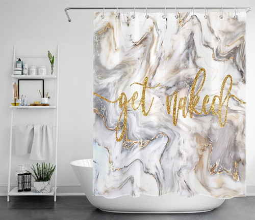 LB Marble Get Naked Shower Curtain for Bathroom, Gold Funny Words Get Naked Modern Abstract White and Grey Marble Texture Fabric Bathroom Decor Set with Shower Curtain Hooks, 60x72 Inches