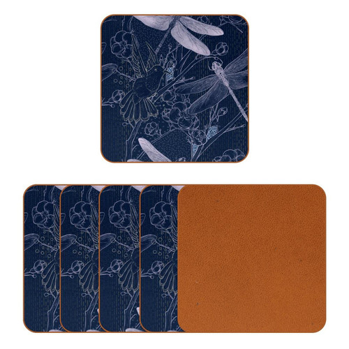 Coasters for Coffee Table, 6 Drink Coasters, Farmhouse Bar Coasters, Cool Housewarming Gift, New Home, Navy Blue Retro Dragonfly Bird Flower