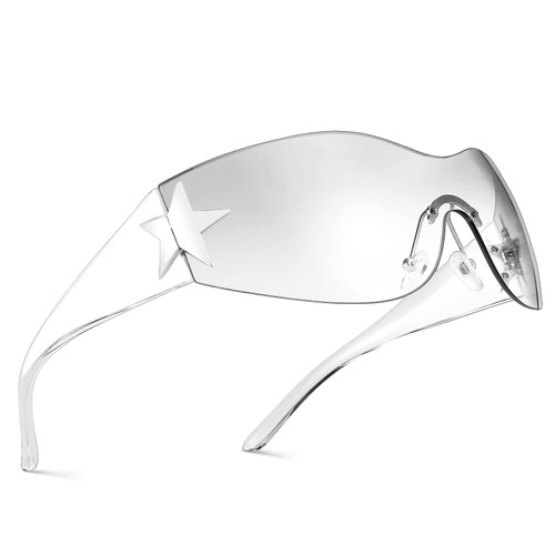 COASION Rimless Y2K Wrap Around Star Sunglasses Women Men 2000s Visor Shield Shades Oversized Fashion Frameless Sun Glasses (Clear Shades)