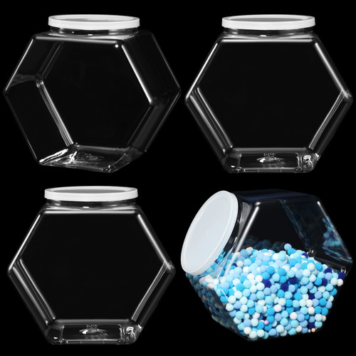 eBoot 4 Pieces Plastic Candy Jars Cookie Jars for Kitchen Counter Hexagon Cookie Jar with Lid Clear Candy Containers Laundry Pod Storage Container Dry Food Jar for Candy Buffet Dog Treats Craft (129 Oz)