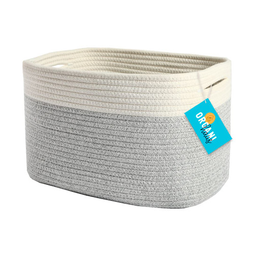 OrganiHaus Woven Basket for Storage | Baby Room Furniture | Decorative Towel Baskets for Bathroom | Cotton Rope Basket for Storage | Woven Baskets for Organizing | Rectangular Storage Basket - Grey