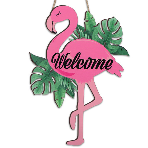 Bucherry Welcome Sign Wood Decor for Front Door Summer Decorative Signs Plaques Tropical Wooden Hanging Sign Hawaiian Themed Wreath Door Sign Door Decorations Hanger (Flamingo)