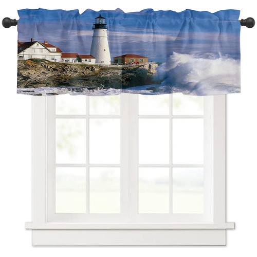 Zadaling Valance Curtain for Kitchen, Lighthouse Ocean Waves Seascape Window Valance for Living Room Scroll,Rod Pocket Valances for Bedroom Decor,Window Treatment Valance 1 Panel 18" x 54"