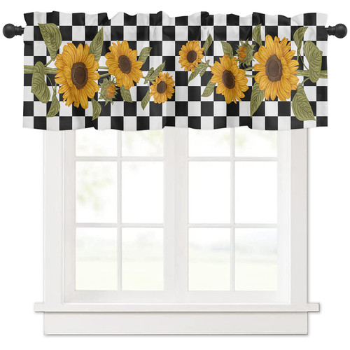 Zadaling Valance Curtain for Kitchen,Black and White Checkered Sunflower Window Valance for Living Room Scroll,Rod Pocket Valances for Bedroom Decor,Window Treatment Valance 1 Panel 18" x 54"