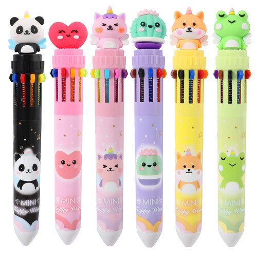 YOYTOO Cute Cartoon Multicolor Ballpoint Pen 0.5mm, 10-in-1 Colored Retractable Ballpoint Pens for Office Back to School Supplies Students Children Gift, 6 Count