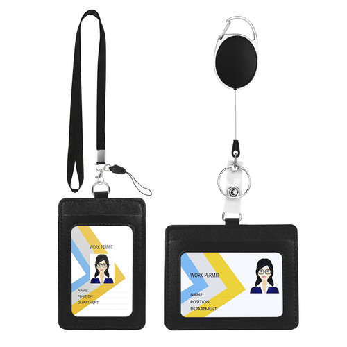 Classycoo Badge Holders 2 Pack Leather ID Badge Card Holder with [Detachable Neck Lanyard] [Retractable Badge Reel] [ID Card Holders] for Offices ID, School ID, Driver Licence