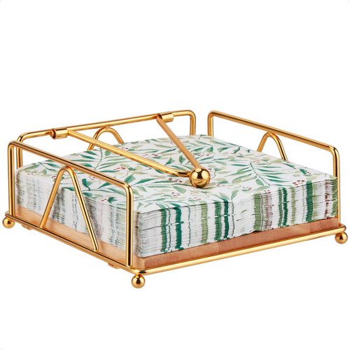 MOLEDINO Flat Napkin Holder for Kitchen Dining Table, Metal Gold Napkin Holder with Weighted Arm Modern Sturdy Cast Iron Cocktail Bar Luncheon Beverage Napkin Holder Wooden Base Outdoor Picnic Party