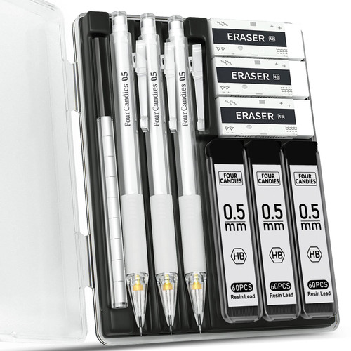Four Candies Mechanical Pencil Set with Case - 3PCS 0.5mm Clear Mechanical Pencils & 180PCS HB Lead Refills & 3PCS Erasers & 9PCS Eraser Refills, White Mechanical Pencil for Students Drawing, Writing