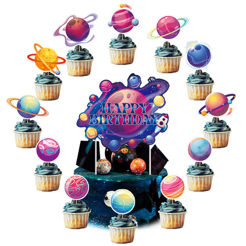 Chilfamy Space Party Decorations, Solar System Happy Birthday Cake Toppers Universe Galaxy Planets Cupcake Toppers Decors for Kids Outer Space Theme Baby Shower, Birthday Party Supplies