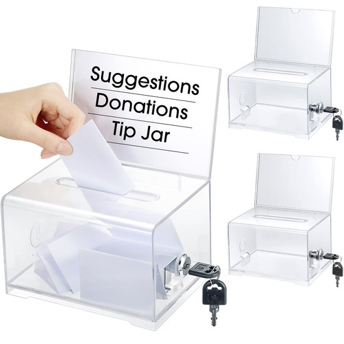 Chunful 3 Pack Acrylic Donation Box with Lock and Sign Holder Clear Ballot Box with Slot Donation Boxes for Fundraising Suggestion Box Storage Container for Voting, Raffle Box, Tip Jar
