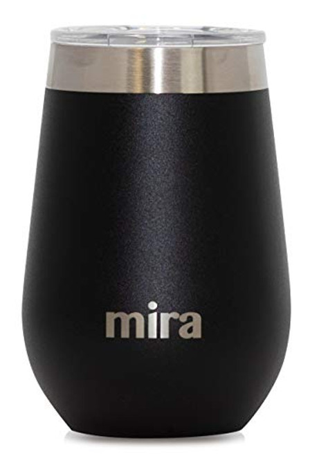 MIRA 12 oz Wine Tumbler Cup | Vacuum Insulated Stainless Steel Stemless Wine Glass with BPA-Free Lid | Black