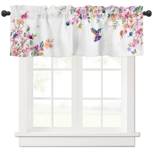 Maliyand Curtain Valance, Spring Pink Flower Bird Cherry Blossoms Leaf Butterfly Rod Pocket Valance Short Window Treatment Decor Curtains for Kitchen Bathroom Bedroom,1 Panel, 54" X 18"