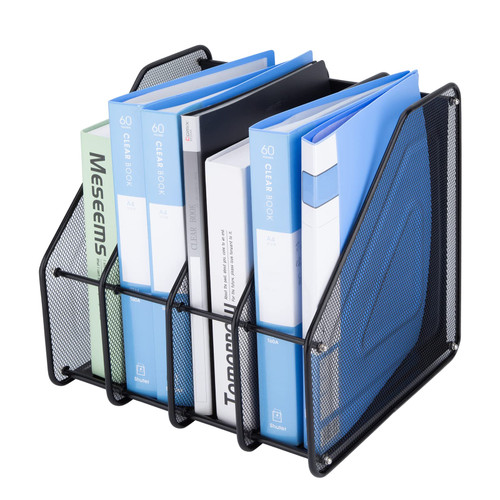 Cliselda Metal Mesh Magazine File Holder with 4 Vertical Compartments, Desk Organizers File Folders Holder, File Organizer Binder Holder Organizer for Desk Home Office School, Black
