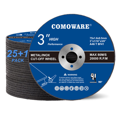 COMOWARE 25+1 Pack 3" Cut Off Wheel, Cut Off Wheels 3 x 1/16 x 3/8 Inch Ultra Thin, Metal and Stainless Steel Cutting Wheel for Angle Grinder, General Purpose Metal Cutting Disc for Angle Grinder