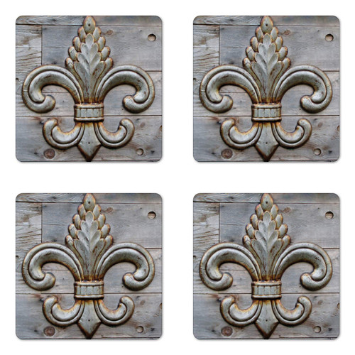 Ambesonne Fleur De Lis Coaster Set of 4, Lily on Weathered Old Wooden Planks Historical Theme Image, Square Hardboard Gloss Coasters for Drinks, Grey Brown