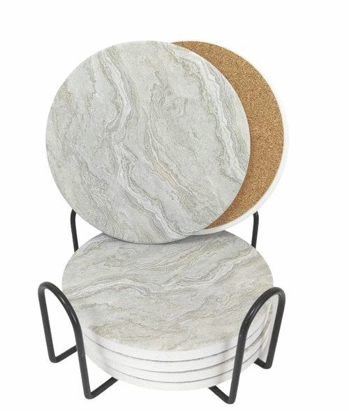 VMila Coasters for Drinks Absorbent, Dorm Room Living Room Decor Ceramic Coasters Set of 6 with Cork Base Protect Wooden Table Drink Coasters with Holder (Grey Ceramic Coaster)