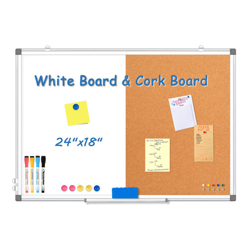 WALGLASS Combination Magnetic White Board & Cork Board, 24"x18" Cork Board White Board Combo for School, Office&Home, Dry Erase Board Bulletin Board with Removable Tray, Pins, Eraser, Markers&Magnets