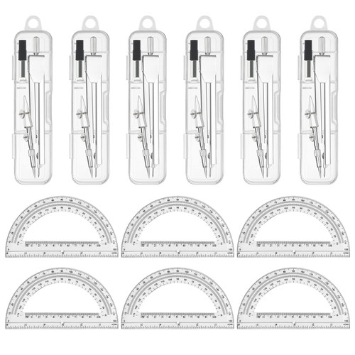6 Sets Compass and Protractor Sets Student Basics Geometry Math Set Metal Compass and 6 Inch 180 Degree Protractors Geometry Graphing Drawing Tools for Office and School Supplies(Clear)