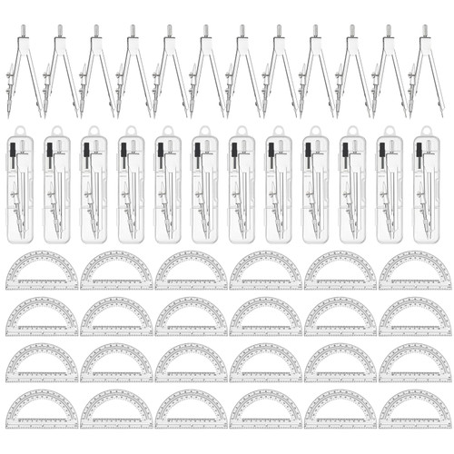 48 Pieces Geometry Math Set 24 Pack 6 Inch 180 Degree Plastic Math Protractor Bulk and 24 Pack Student Metal Compass Bulk School Geometry Set for Office School Supplies (Clear)