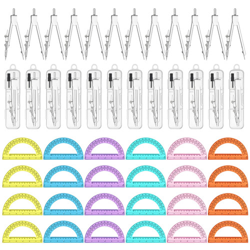 48 Pieces Geometry Math Set 24 Pack 6 Inch 180 Degree Plastic Math Protractor Bulk and 24 Pack Student Metal Compass Bulk School Geometry Set for Office School Supplies (Colorful)