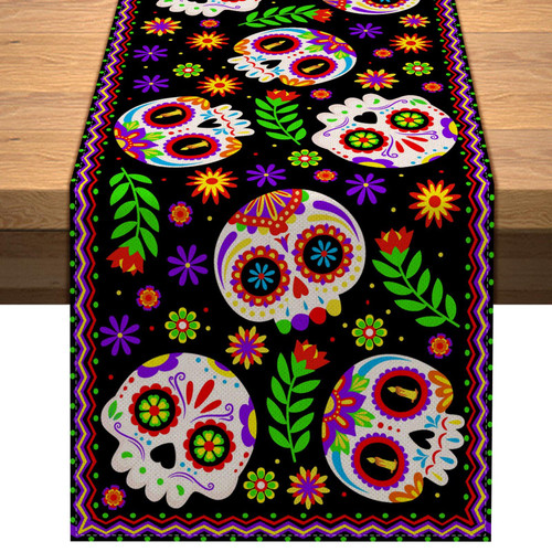 Vohado Linen Dia De Los Muertos Table Runner Mexican Sugar Skull Day of The Dead Decoration Kitchen Dining Room Table Decor 13x72inches