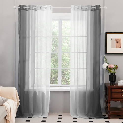 Deconovo Grey Sheer Ombre Curtains for Living Room, Gradient Grommet Semi Voile Drapes, Set of 2 Window Curtain Panels, 52x84 Inch, Dark Grey