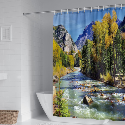Beydodo 48x72 Shower Curtain, Polyester Bathtub Shower Curtain Hotel Shower Curtain Decoration Trees and Creek Pattern