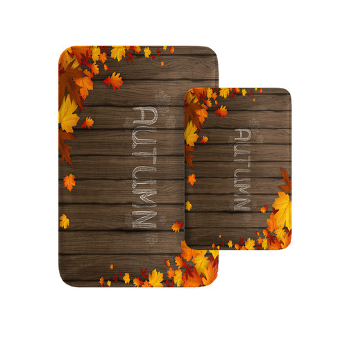 Britimes Autumn Maple Leaves Bathroom Rug Mat Set of 2, Wooden Board Vintage Washable Cover Floor Rug Carpets Floor Bath Mat Bathroom Decorations 16x24 and 20x32 Inches
