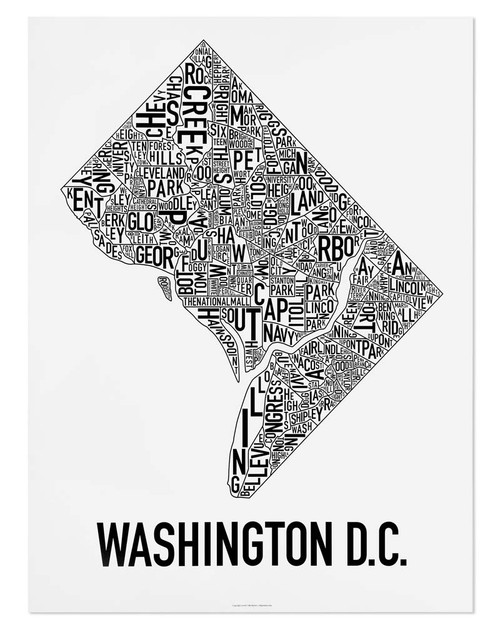 Washington DC Neighborhoods Map Art Poster, Black & White, 22" x 28"