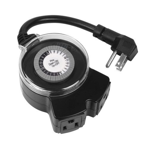 Clear Power Outdoor 24-Hour Mechanical Timer, 2 Grounded Outlets, 6 Inch Power Cord, Flat Grounded Plug, for Christmas Lights & Holiday Decorations DCOT-0005-DC