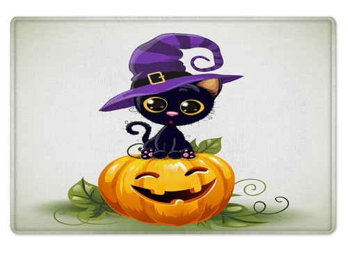 Halloween Pumpkin Bath Mat for Bathroom, Catoon Animal Funny Cat With Witch Purple Magic Hat Bathroom Rug, Spooky Orange Pumpkin with Witch Purple Magic Hat Non Slip Absorbent Bathroom Mat, 24x16 Inch