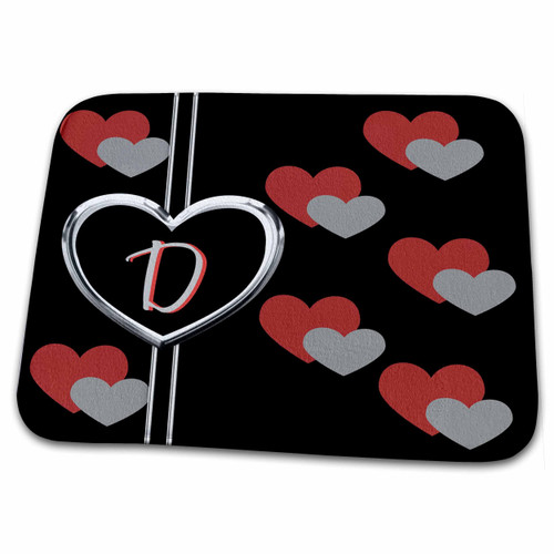 3dRose Modern Geometric Black Red Grey Hearts Pattern Monogram... - Dish Drying Mats (ddm-215195-1)