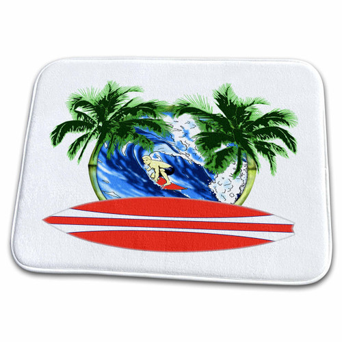3dRose Tropical design for surfers of a surfboard, palm trees,... - Dish Drying Mats (ddm-296241-1)