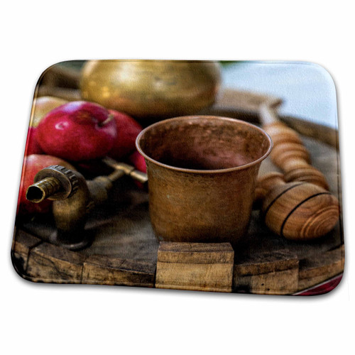 3dRose Copper bowl, smoking pipe, red apples on an empty wine... - Dish Drying Mats (ddm-304555-1)