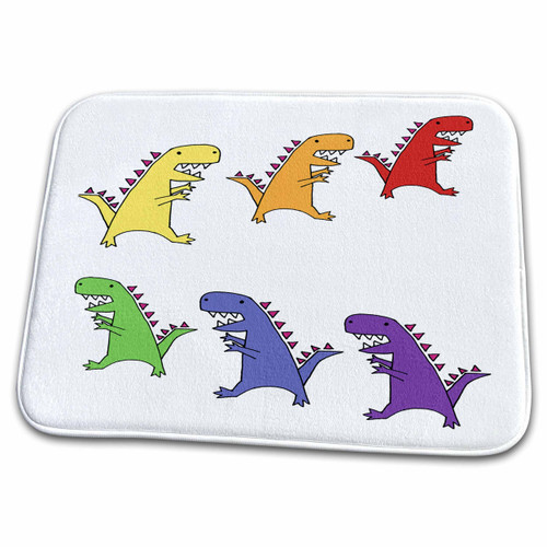 3dRose Funny Cute Rainbow T-rex Dinosaurs Chasing each other... - Dish Drying Mats (ddm-351690-1)