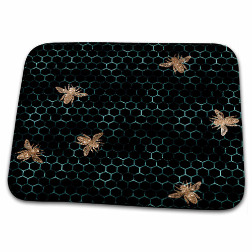 3dRose Teal Honeycomb With Image Of Gold Bees Pattern - Dish Drying Mats (ddm-352745-1)