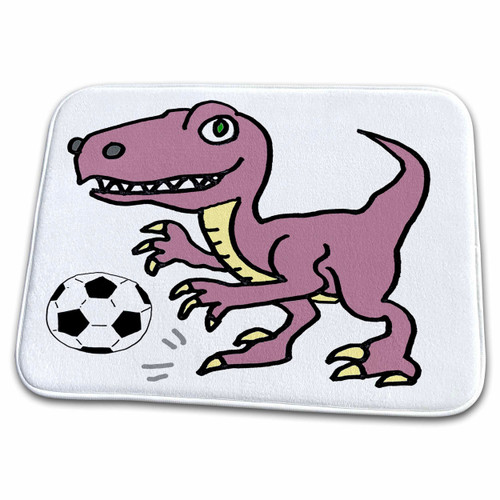 3dRose Funny Cute Purple Velociraptor Dinosaur Playing Soccer... - Dish Drying Mats (ddm-362128-1)