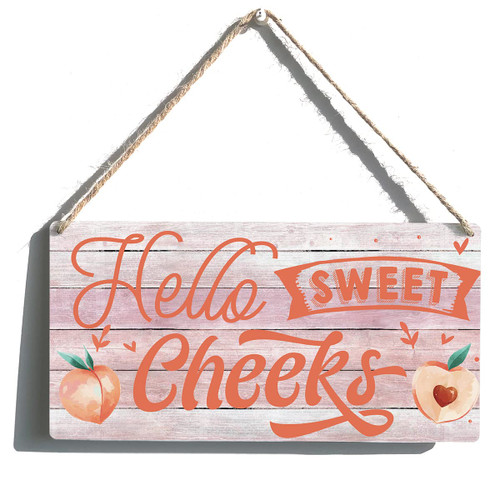 Hello Sweet Cheeks Sign Funny Farmhouse Peach Wooden Hanging Sign Plaque Rustic Wall Art Decor Home Bathroom Decoration 12 x 6 Inches