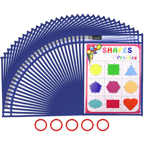 Gamenote Dry Erase Pockets 30 Pack with 5 Rings - 10x14 Inches Oversized Reusable Plastic Sleeves Shop Ticket Holders Sheet Protectors Teacher Supplies for Classroom Organization (Blue)