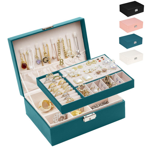 SYCARON Jewelry Box Organizer Large, 2 Layer Jewelry Storage Case PU Leather Soft Lining Travel Jewelry Case with Lock for Women and Girls Rings Earrings Necklace Bracelets Watches, Green