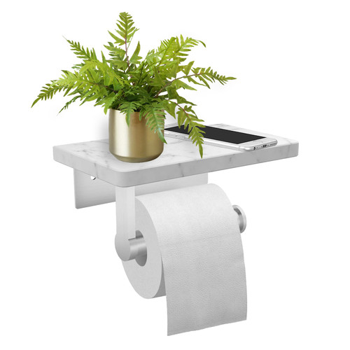 Newfun Brushed Nickel Toilet Paper Holder with Marble Shelf for Bathroom Wall Mounted, 304 Stainless Steel Tissue Roll Holder for Bathroom Washroom
