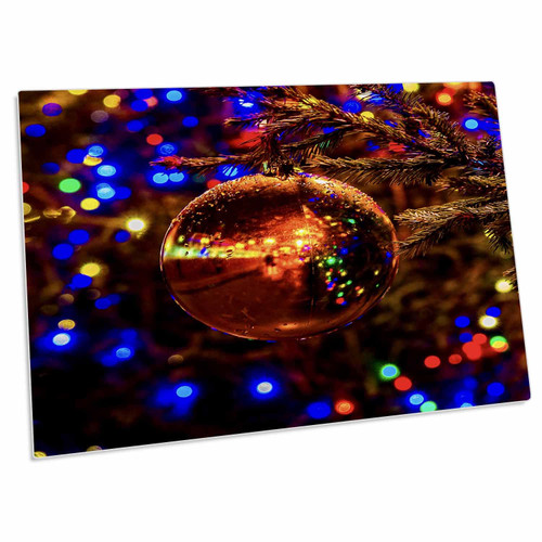 3dRose Orange Ornament Ball on a Spruce Tree. Blue and red... - Desk Pad Place Mats (dpd-264085-1)