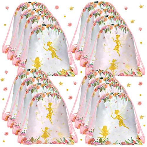 16 Pcs Floral Fairy Gift Bags Fairy Party Favor Bags Treat Candy Gift Bags Fairy Drawstring Goodie Bags Butterfly Fairy Theme for Girl Kid Birthday Baby Shower Party Supplies (Fairy)