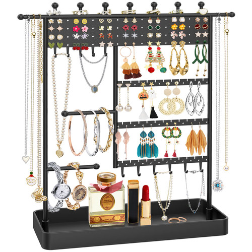 MODOWEY Earring Holder Organizer, Metal Jewelry Organizer Stand Necklace Holder with Metal Tray, 149 Holes Stud Earring Tree Jewelry Display Rack for Earrings Necklaces Bracelets Rings (Black) MODOWEY Earring Holder Organizer, Metal Jewelry Organizer Stand Necklace Holder with Metal Tray, 149 Holes Stud Earring Tree Jewelry Display Rack for Earrings Necklaces Bracelets Rings (Black)