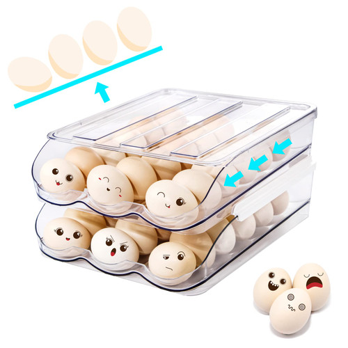 Rubtlamp Clear Rolling Egg Holder for Refrigerator?Plastic Egg Storage Container for Fridge with Lid?2 Drawers Stackable Egg Fresh Storage Box?36 Capacity Egg Storage Bin?Egg Organizer for Kitchen