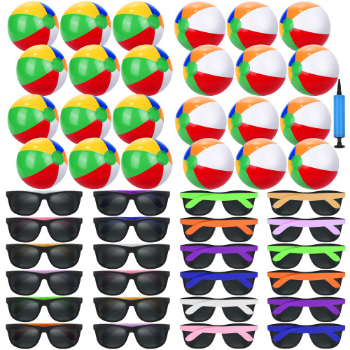 ELCOHO 49 Pieces Beach Pool Party Supplies Include Neon Sunglasses Neon Party Sunglasses Bulk and 12 Inch Inflatable Beach Ball for Beach Pool Birthday Summer Party Favors Water Play Toys